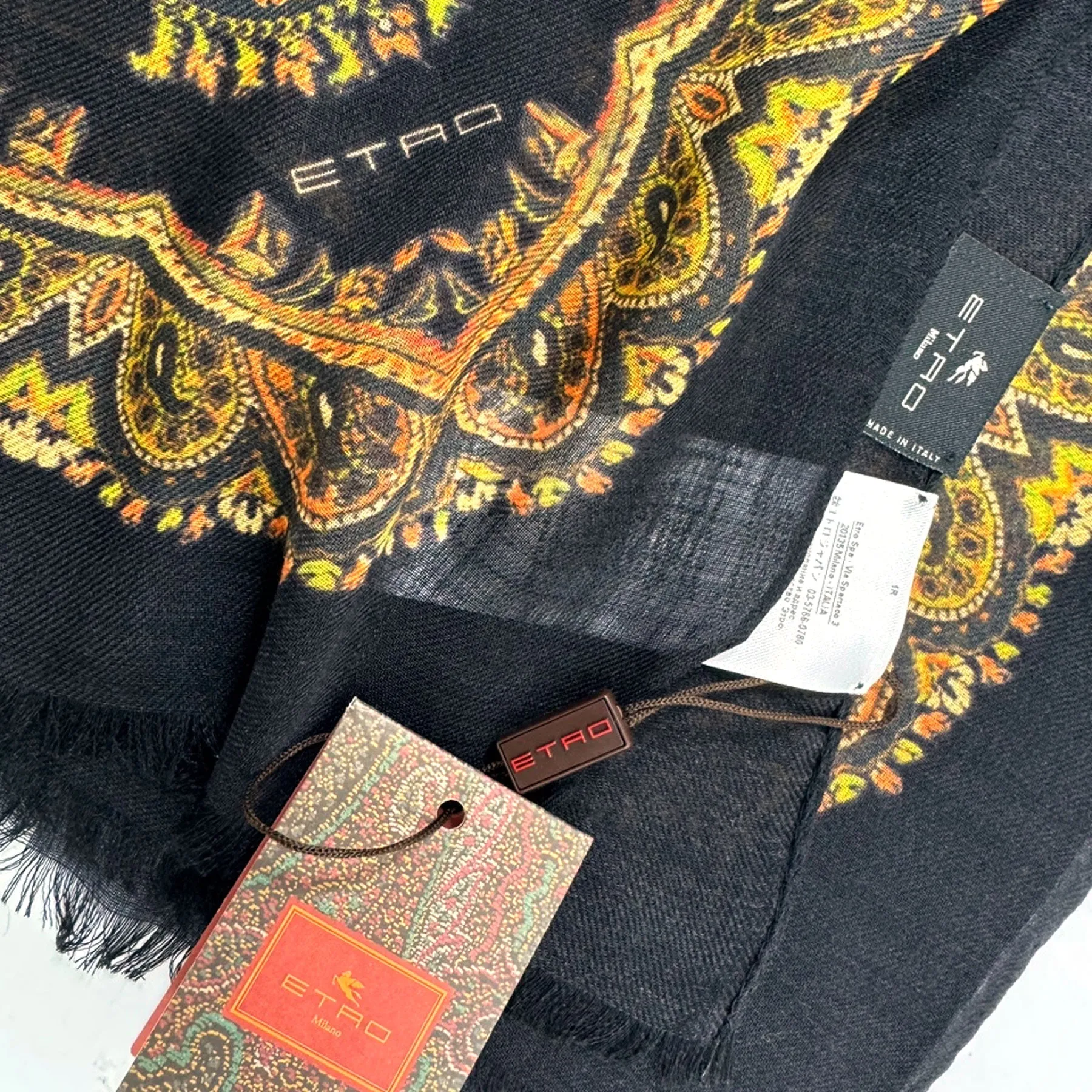Etro Scarf Black Gold Floral Ornamental Design - Cashmere Shawl SALE