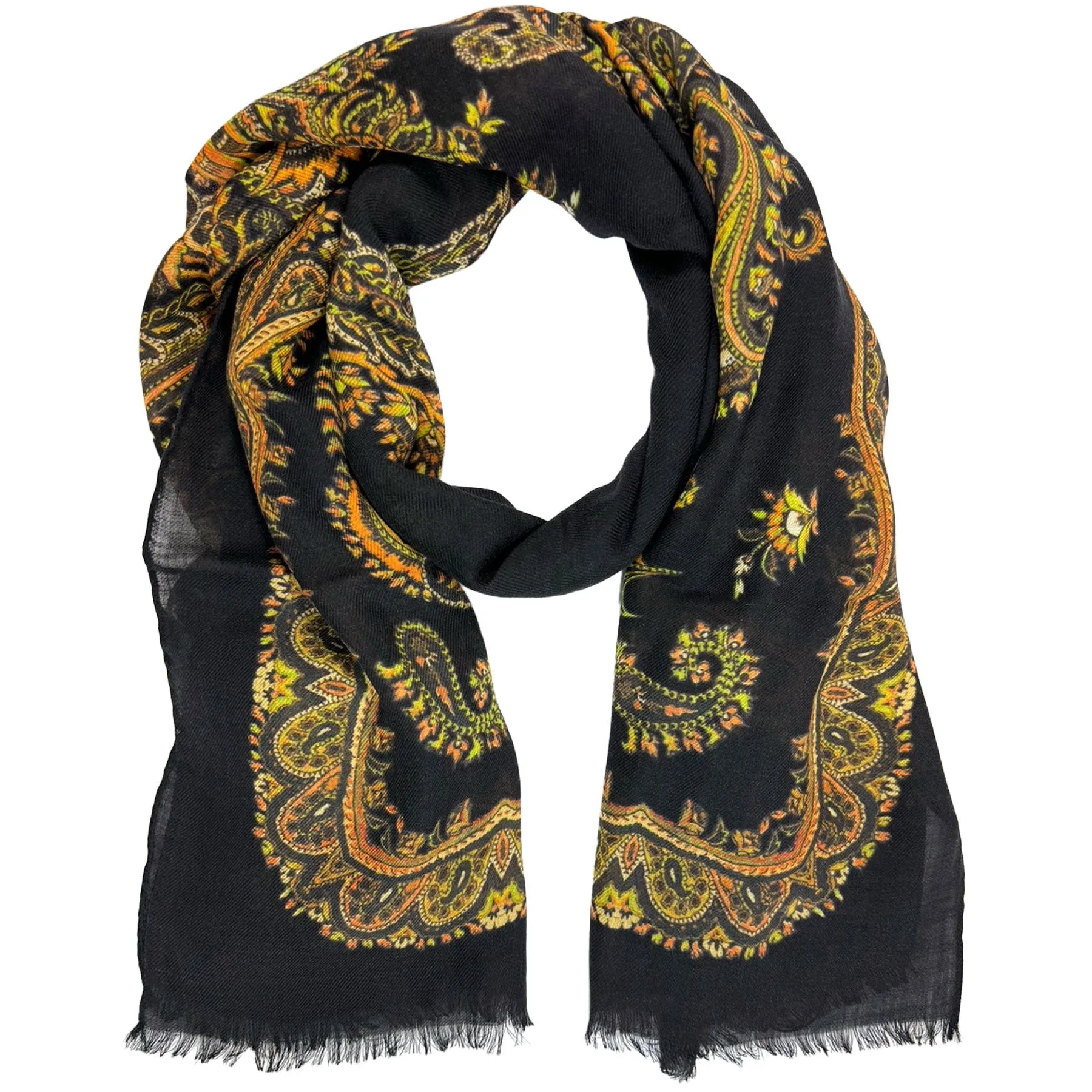 Etro Scarf Black Gold Floral Ornamental Design - Cashmere Shawl SALE