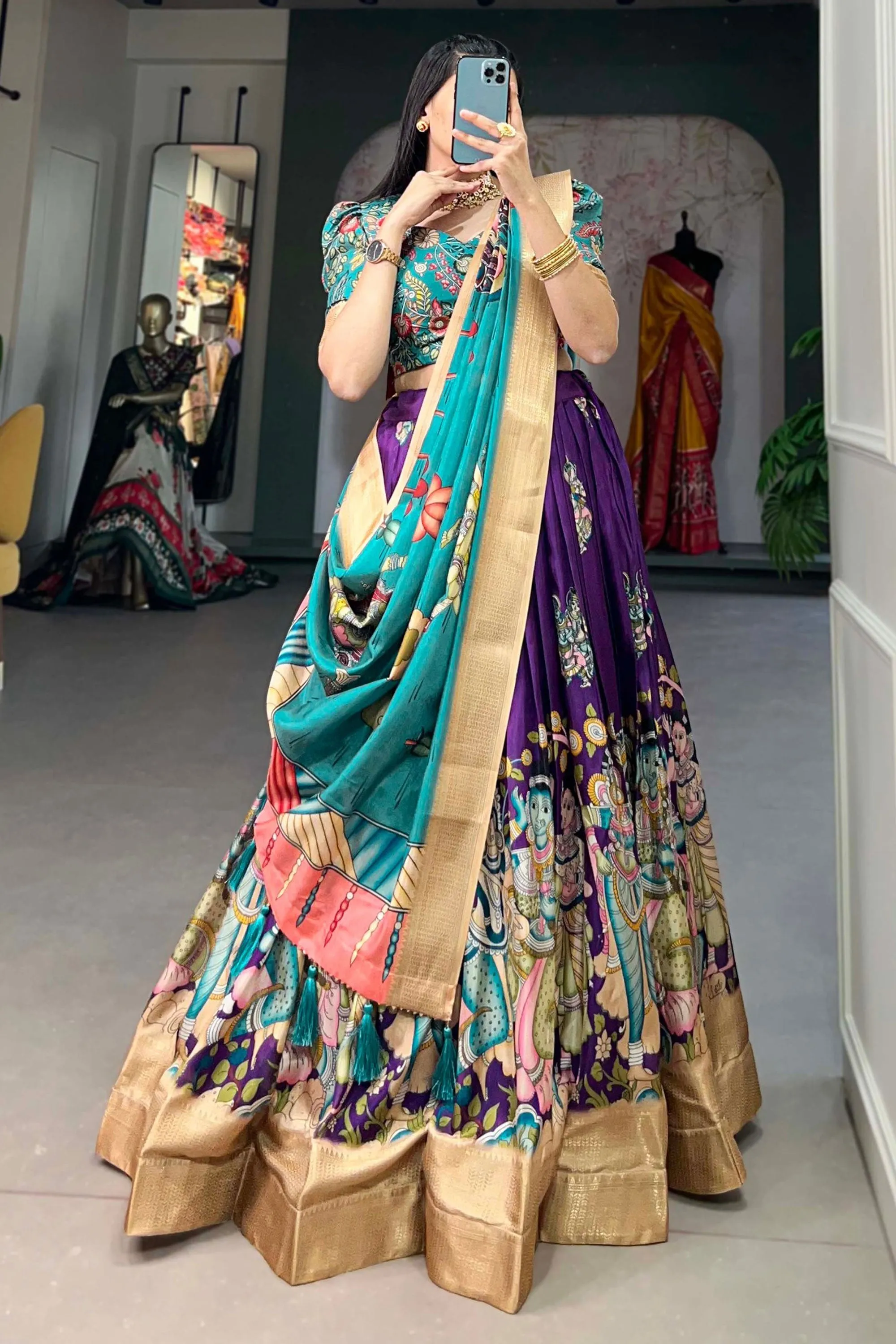 Excellent Dola Silk Fabric Cream Color kalamkari printed Lehenga