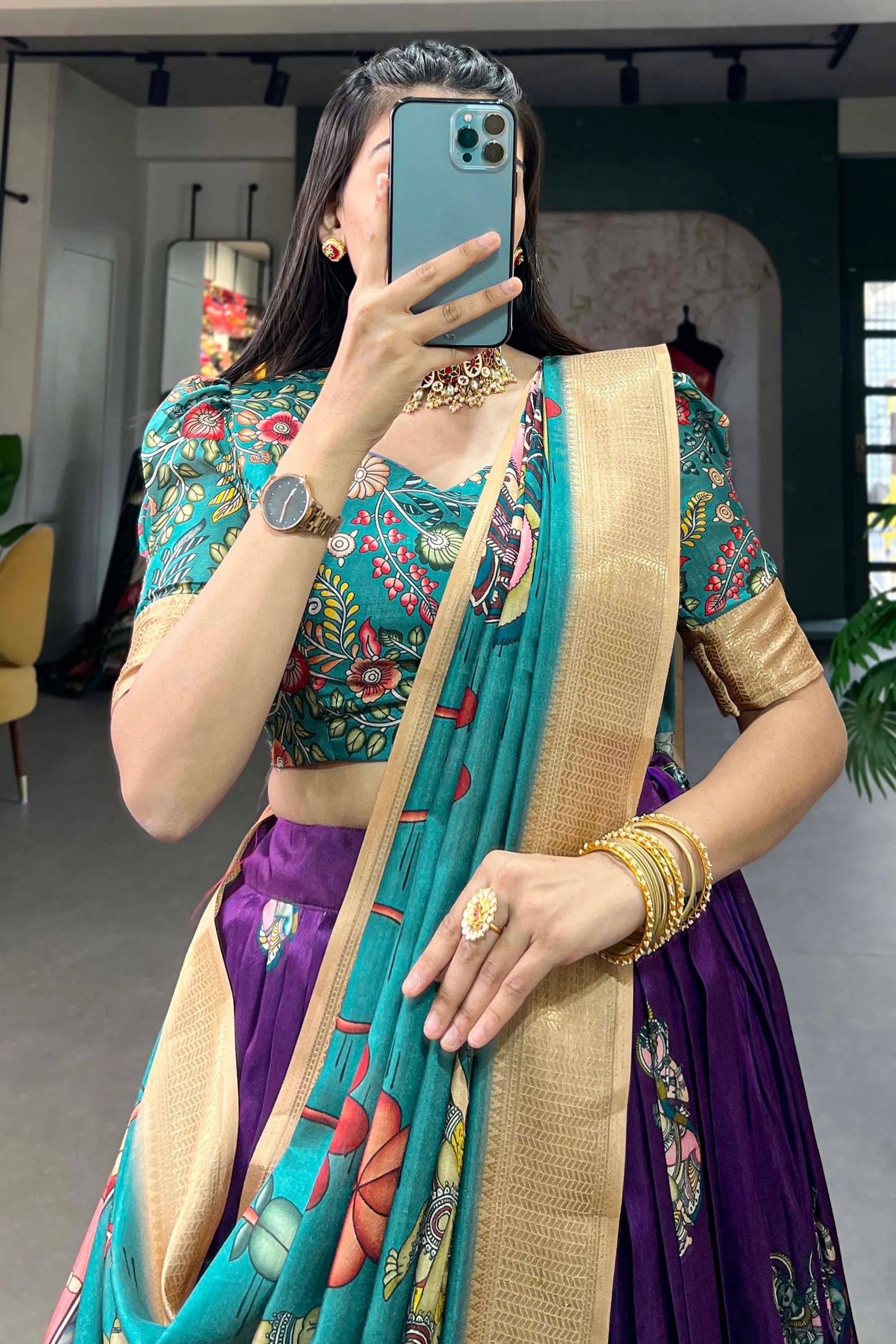 Excellent Dola Silk Fabric Cream Color kalamkari printed Lehenga