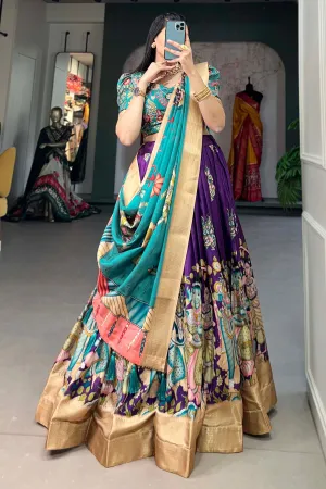 Excellent Dola Silk Fabric Cream Color kalamkari printed Lehenga