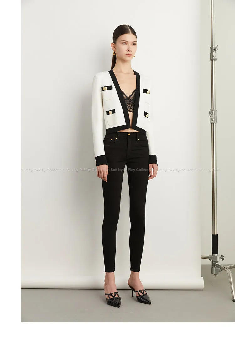 Fall Autumn Luxury White Black Embossed Button V-neck Knitted Cardigan Jacket - ISurt