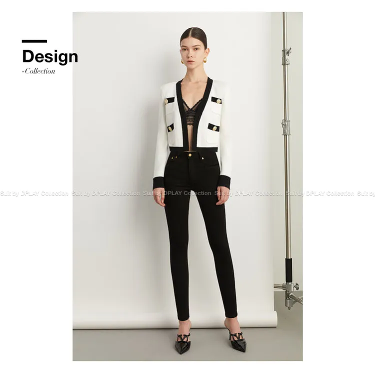 Fall Autumn Luxury White Black Embossed Button V-neck Knitted Cardigan Jacket - ISurt