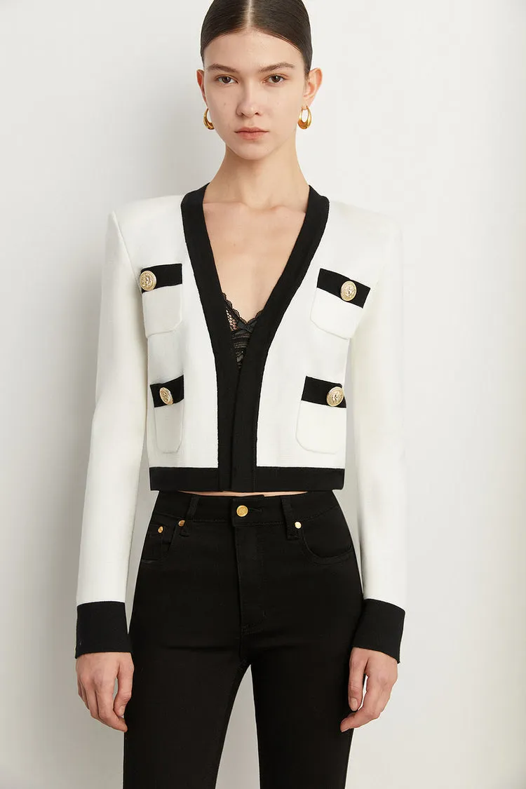 Fall Autumn Luxury White Black Embossed Button V-neck Knitted Cardigan Jacket - ISurt