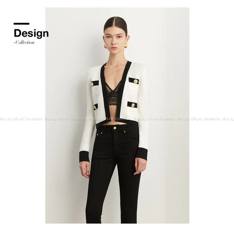 Fall Autumn Luxury White Black Embossed Button V-neck Knitted Cardigan Jacket - ISurt