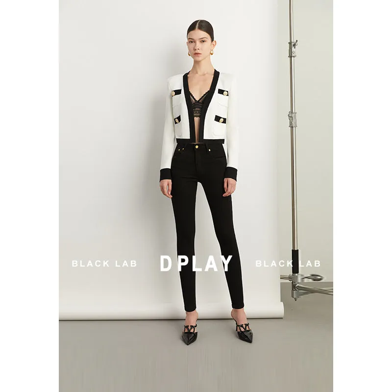Fall Autumn Luxury White Black Embossed Button V-neck Knitted Cardigan Jacket - ISurt