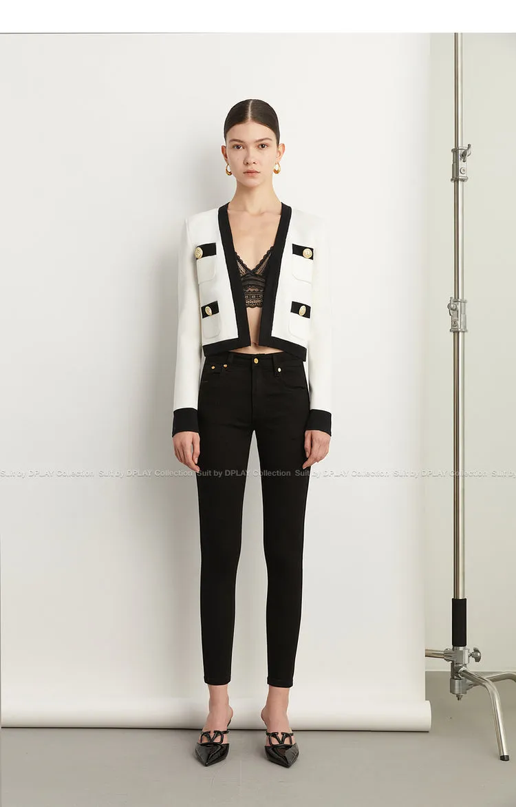 Fall Autumn Luxury White Black Embossed Button V-neck Knitted Cardigan Jacket - ISurt
