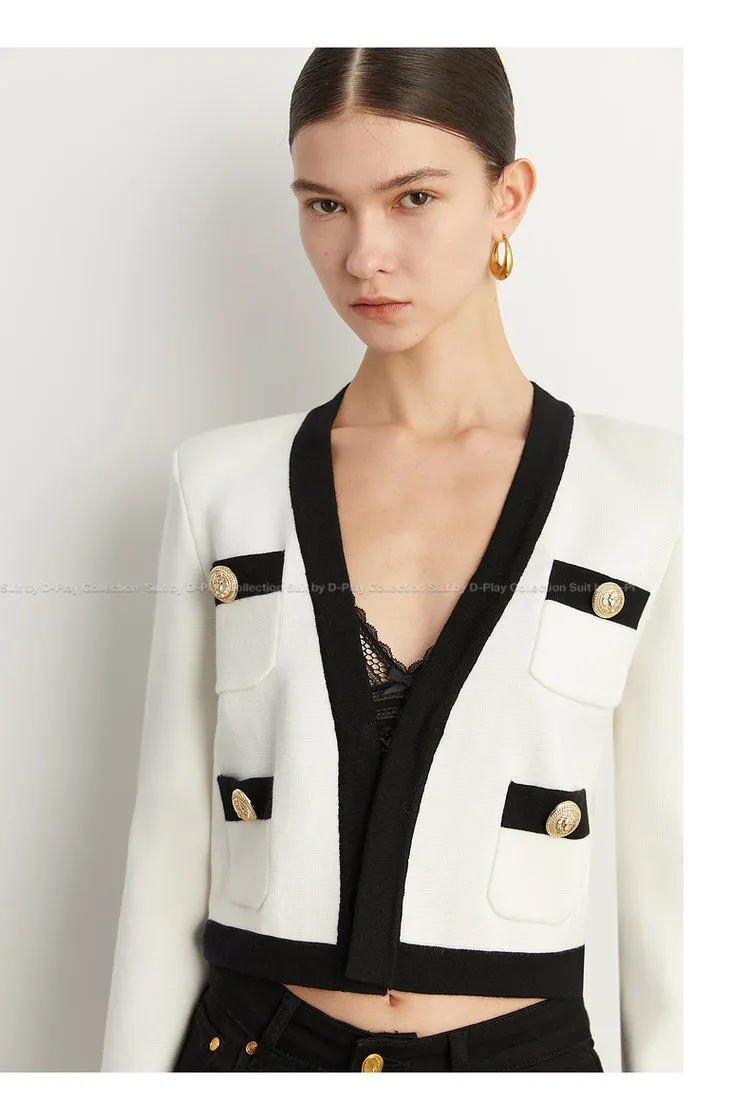 Fall Autumn Luxury White Black Embossed Button V-neck Knitted Cardigan Jacket - ISurt