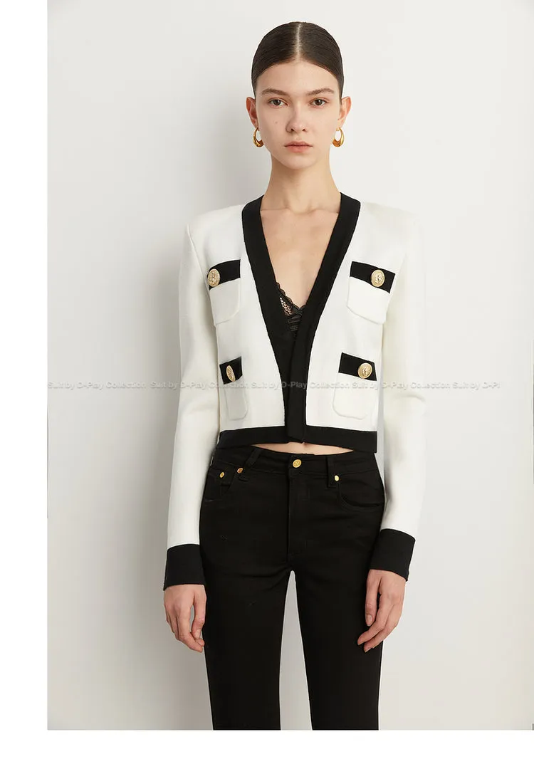 Fall Autumn Luxury White Black Embossed Button V-neck Knitted Cardigan Jacket - ISurt