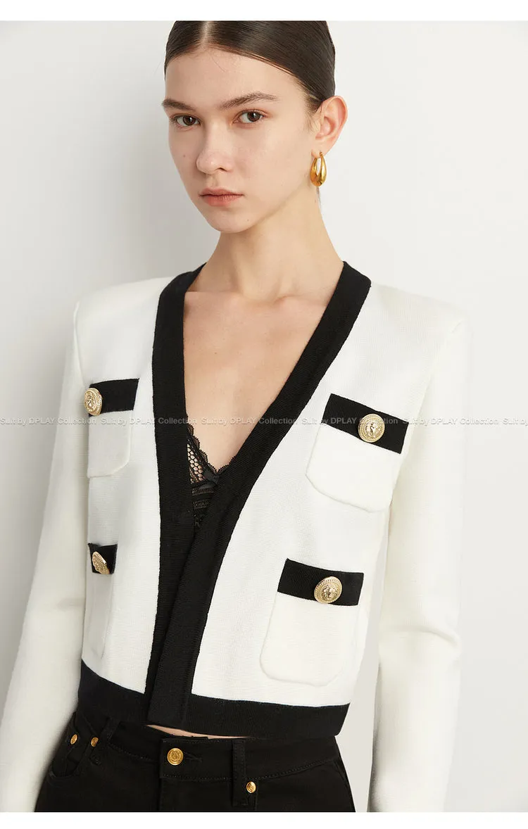 Fall Autumn Luxury White Black Embossed Button V-neck Knitted Cardigan Jacket - ISurt