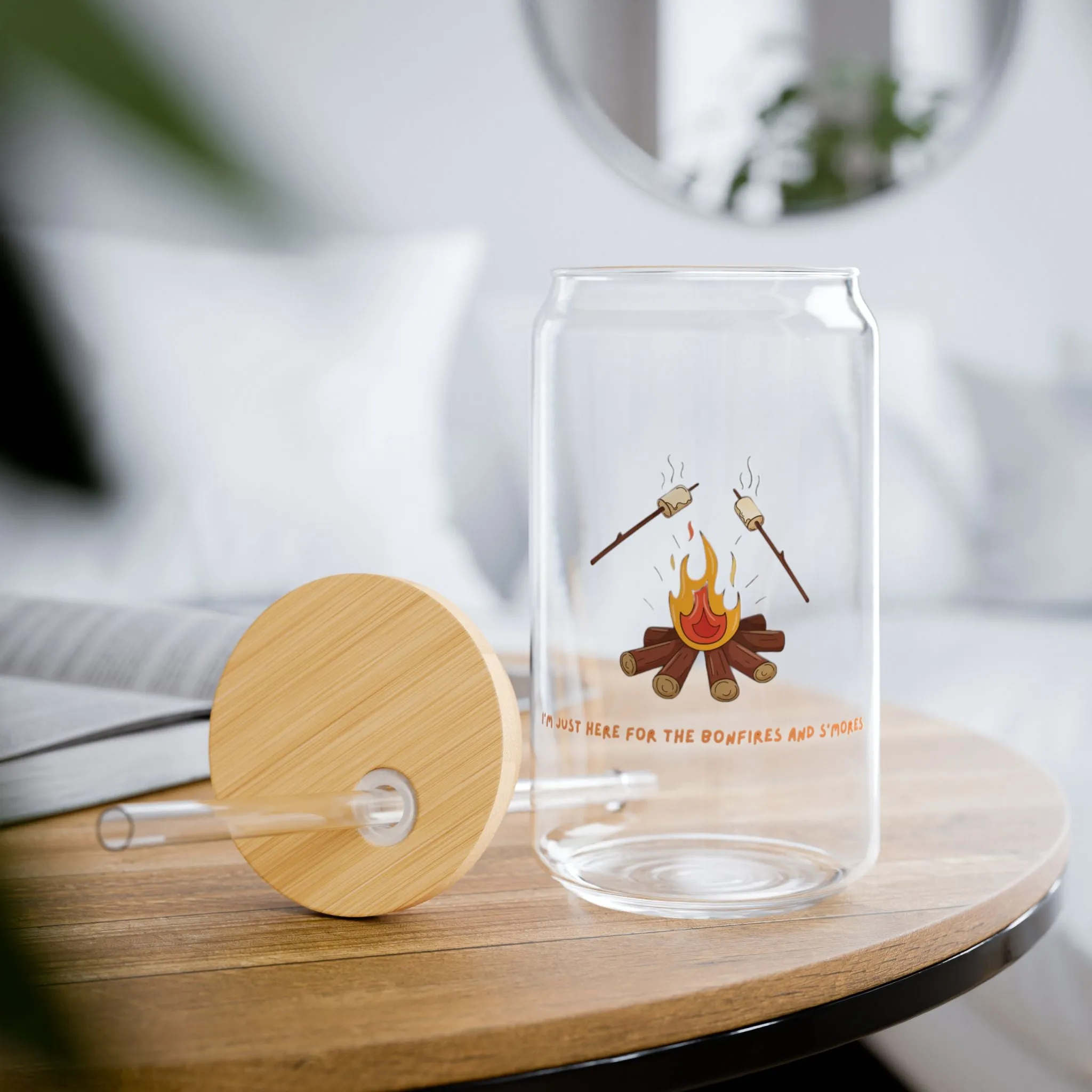Fall Sipper Glass: ‘I'm Just Here for the Bonfires & S'mores’ – 16oz BPA-Free Tumbler with Bamboo Lid & Straw – Perfect for Autumn Gatherings & Thanksgiving Celebrations!