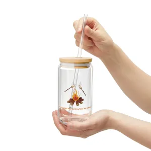 Fall Sipper Glass: ‘I'm Just Here for the Bonfires & S'mores’ – 16oz BPA-Free Tumbler with Bamboo Lid & Straw – Perfect for Autumn Gatherings & Thanksgiving Celebrations!