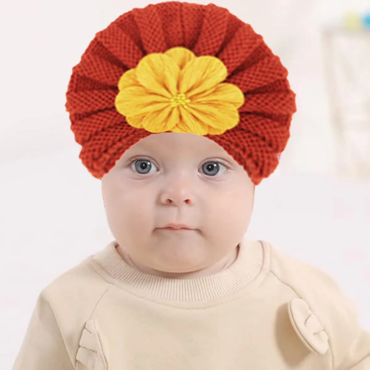 Fancydresswale Warm Knitted Baby Wool Hat For Infants & Toddlers Autumn Flower Soft & Cozy For Little Ones Newborn Headwear Winters- Orange Khaki
