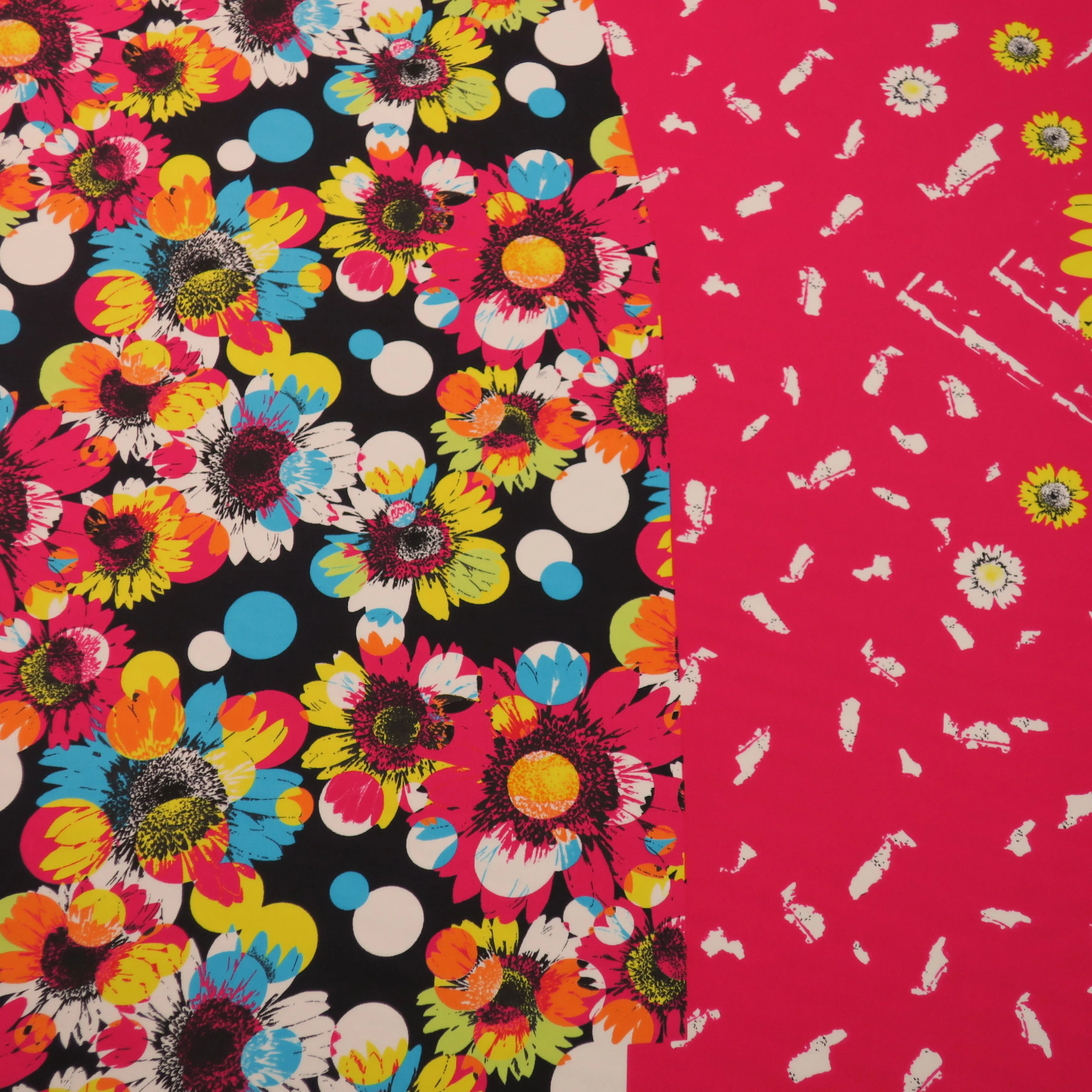 Fuchsia White and Black Floral China Silk Fabric