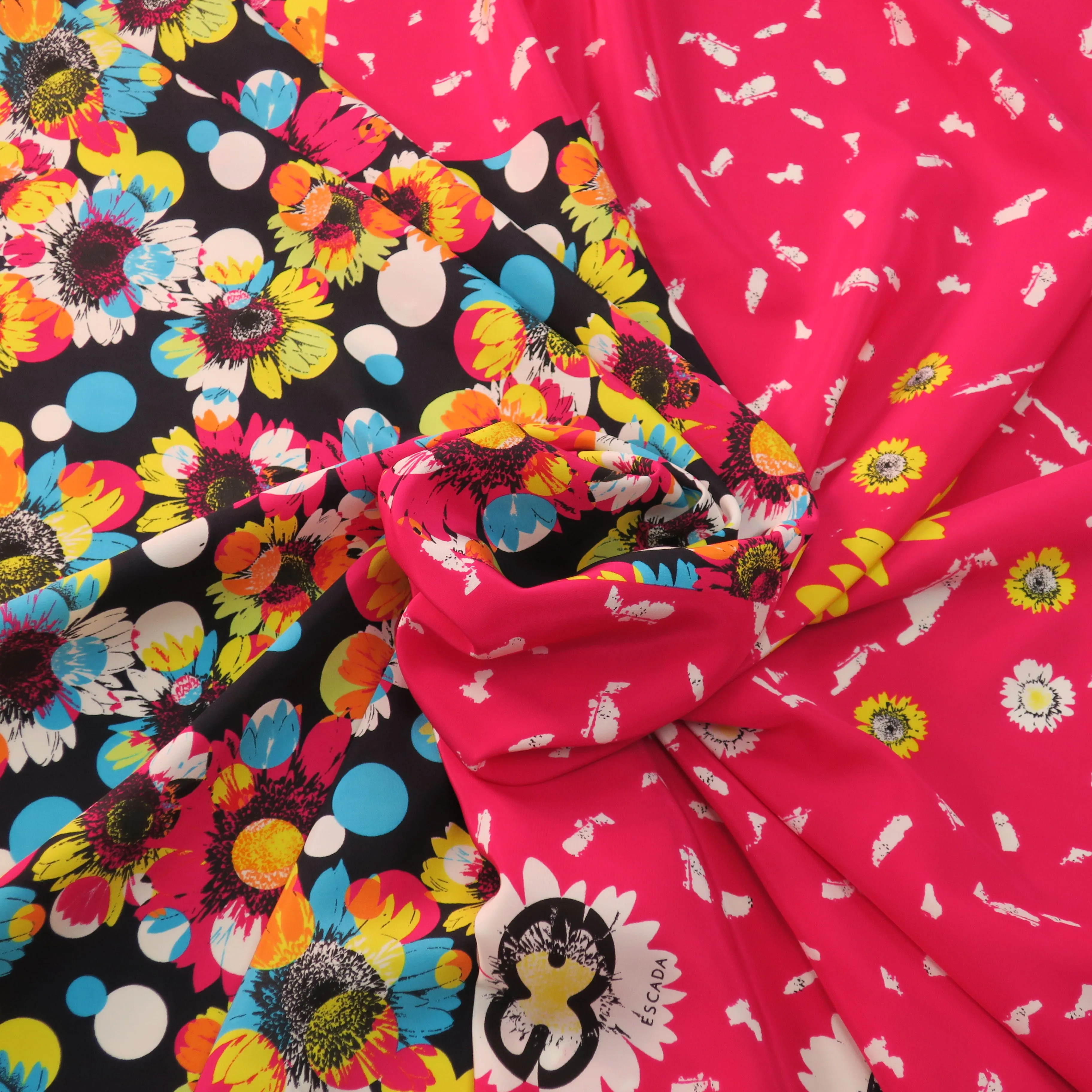 Fuchsia White and Black Floral China Silk Fabric