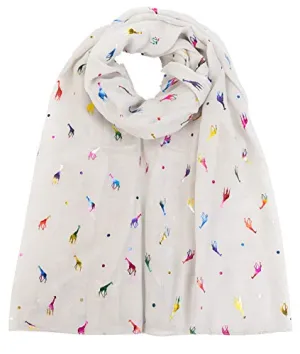 Giraffe Animal Print Women's Scarf Shawl Wrap By World of Scarfs (Glitter Giraffe Ivory White)