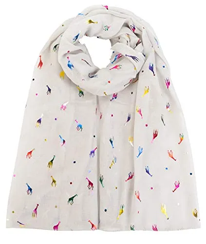 Giraffe Animal Print Women's Scarf Shawl Wrap By World of Scarfs (Glitter Giraffe Ivory White)