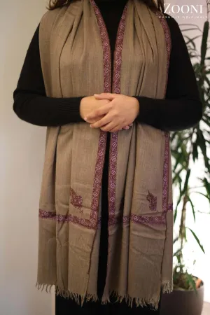 Hand Embroidered Kashmiri Hashia Stole/Wrap - Natural Brown