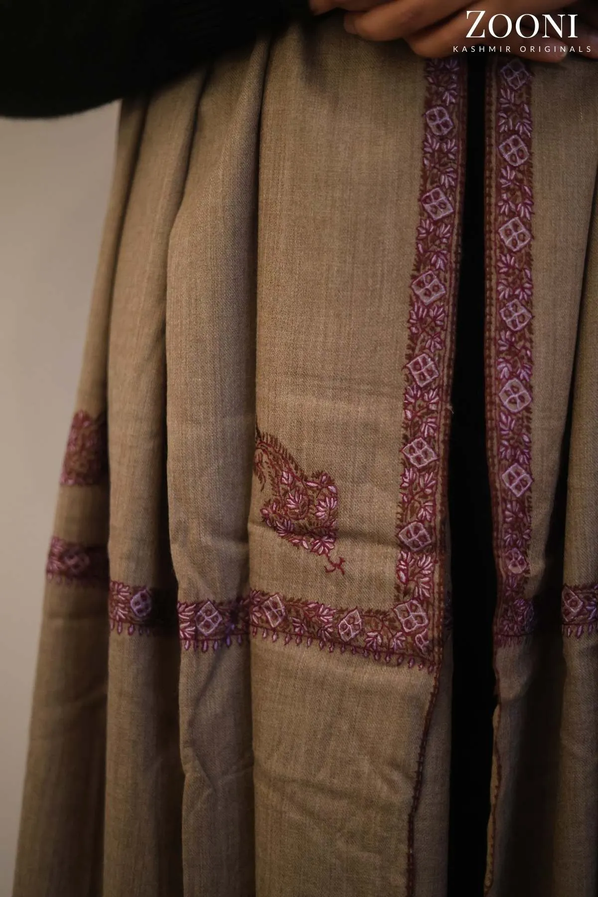 Hand Embroidered Kashmiri Hashia Stole/Wrap - Natural Brown