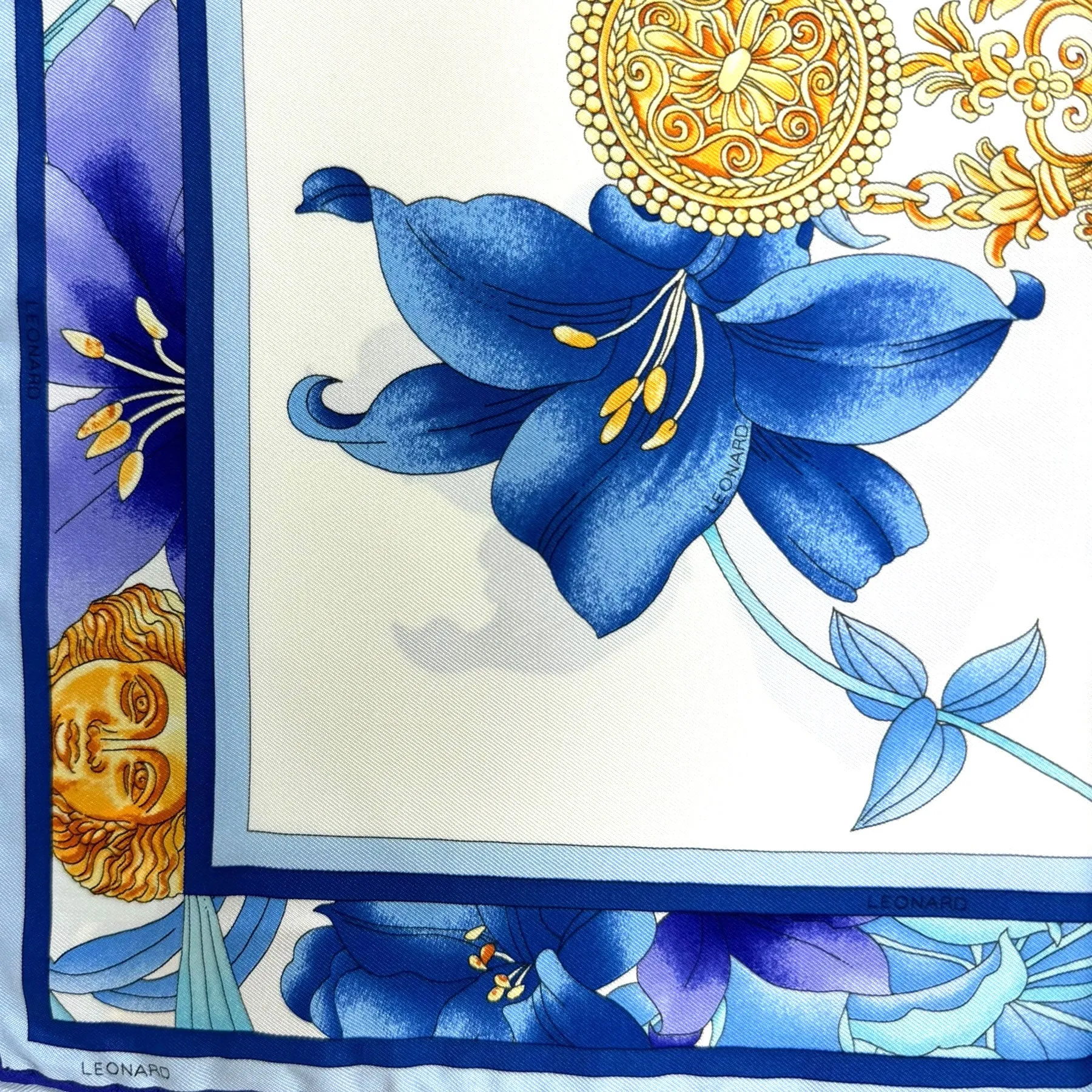 Leonard Paris Scarf Gold Blue Aqua Ornaments & Floral - Twill Silk Large Square Scarf