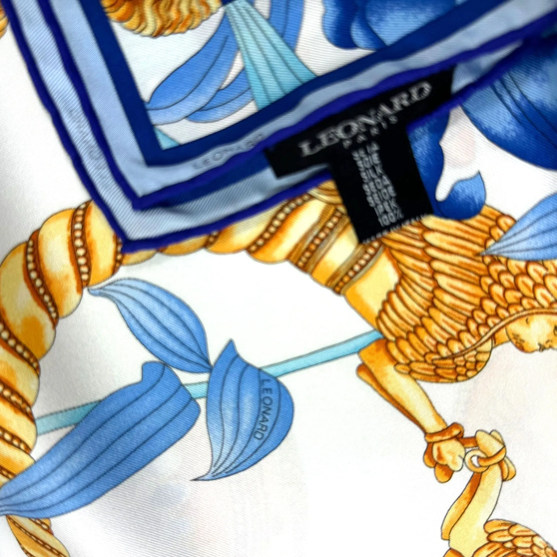 Leonard Paris Scarf Gold Blue Aqua Ornaments & Floral - Twill Silk Large Square Scarf