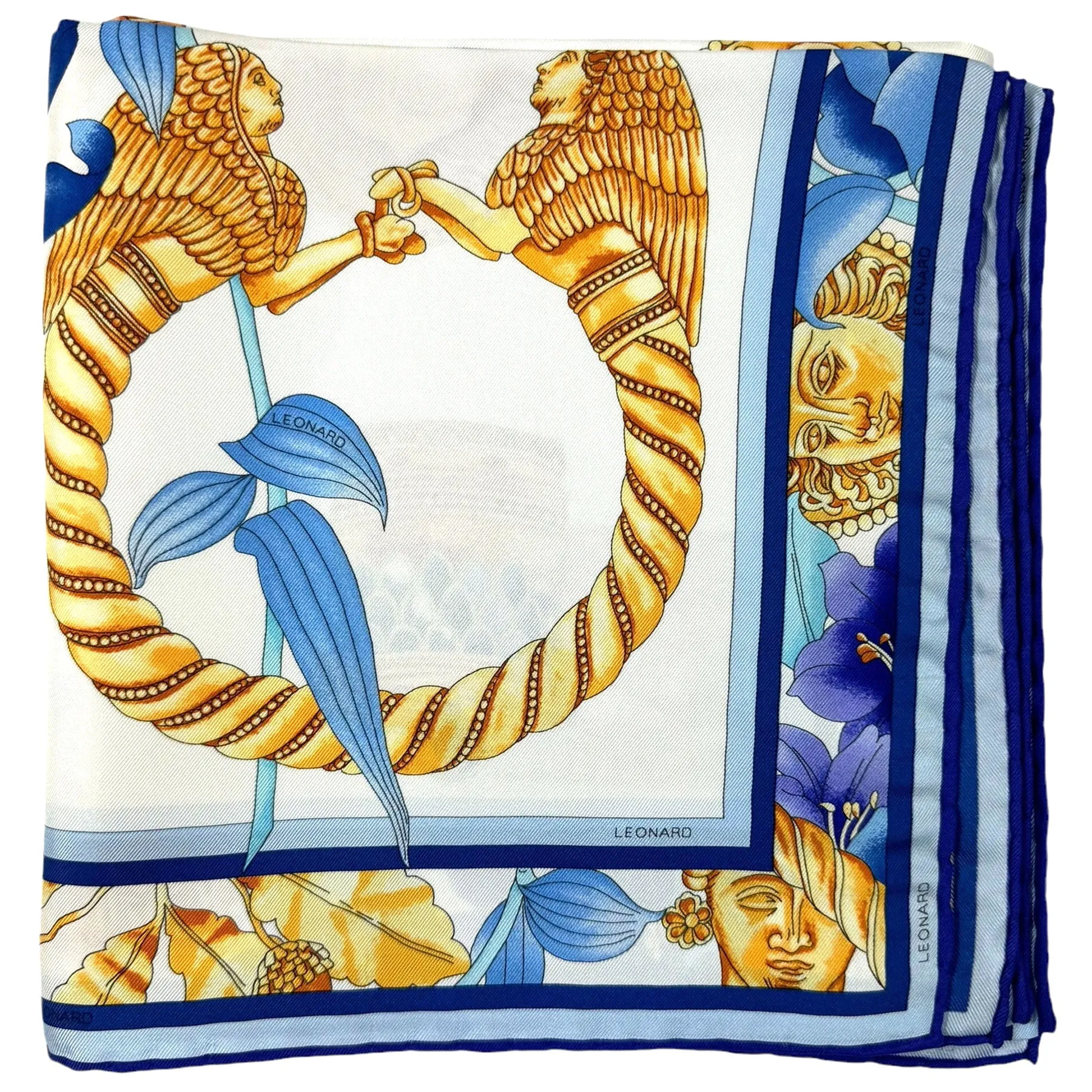 Leonard Paris Scarf Gold Blue Aqua Ornaments & Floral - Twill Silk Large Square Scarf