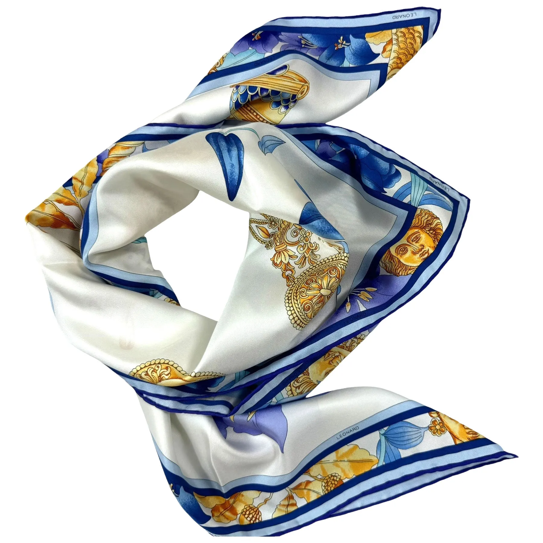 Leonard Paris Scarf Gold Blue Aqua Ornaments & Floral - Twill Silk Large Square Scarf