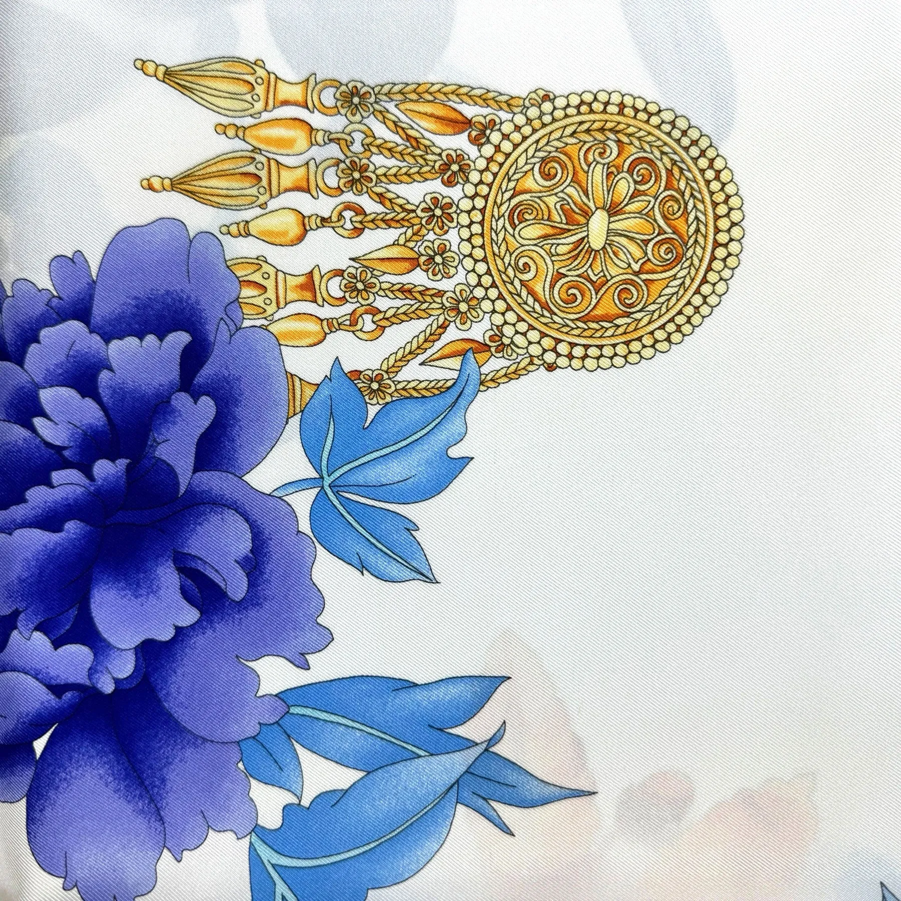 Leonard Paris Scarf Gold Blue Aqua Ornaments & Floral - Twill Silk Large Square Scarf