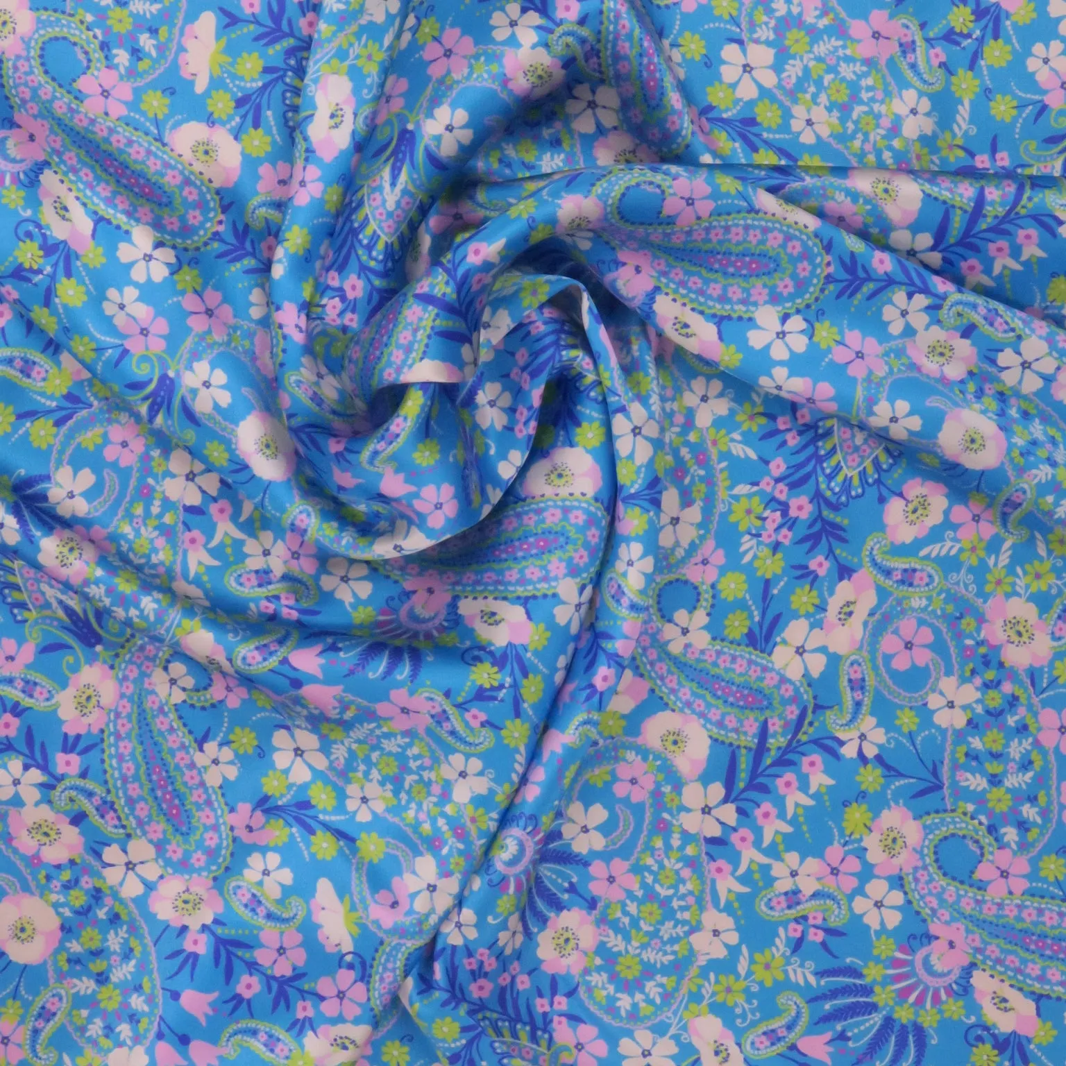 Light Blue Floral and Paisleys Printed Silk Charmeuse Fabric