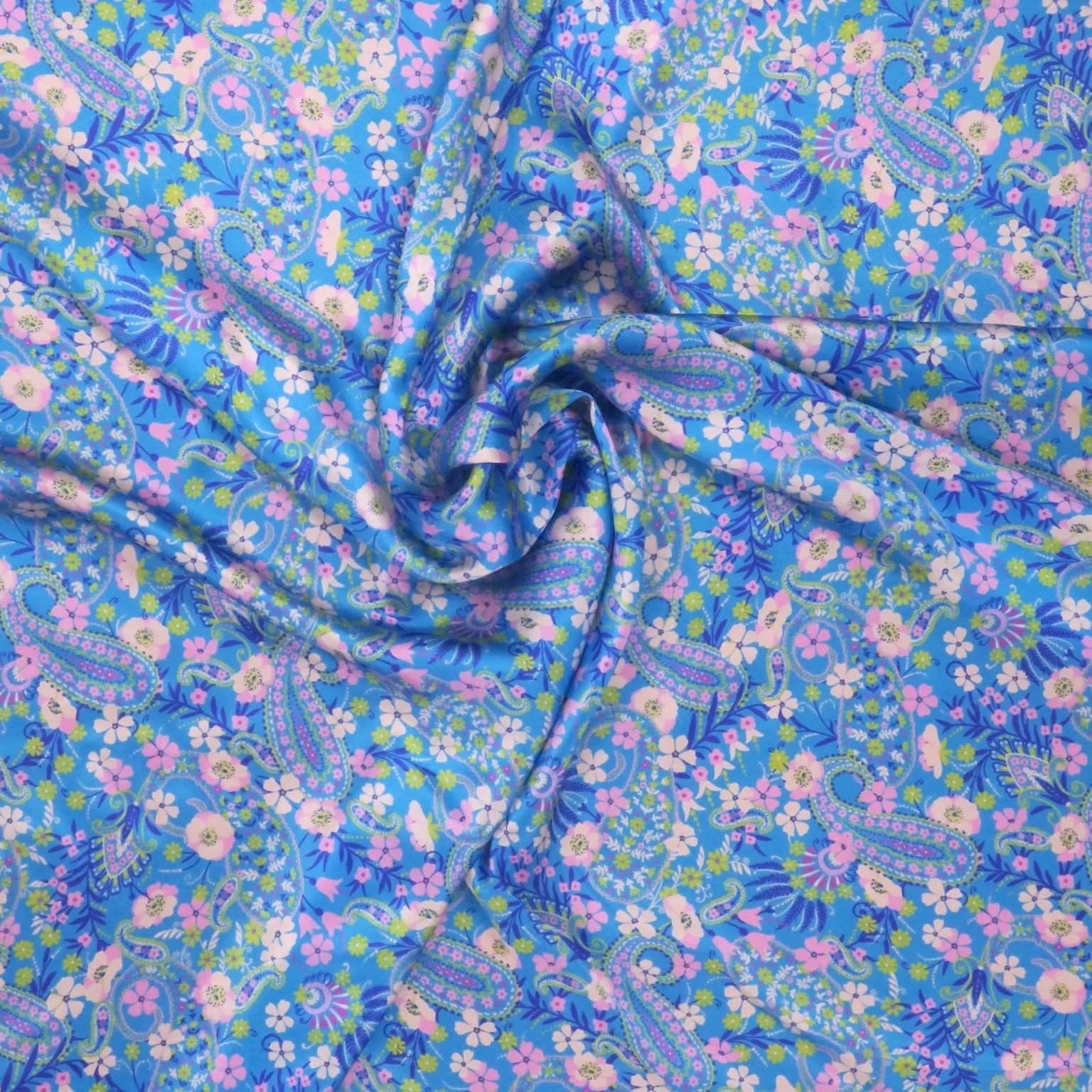 Light Blue Floral and Paisleys Printed Silk Charmeuse Fabric