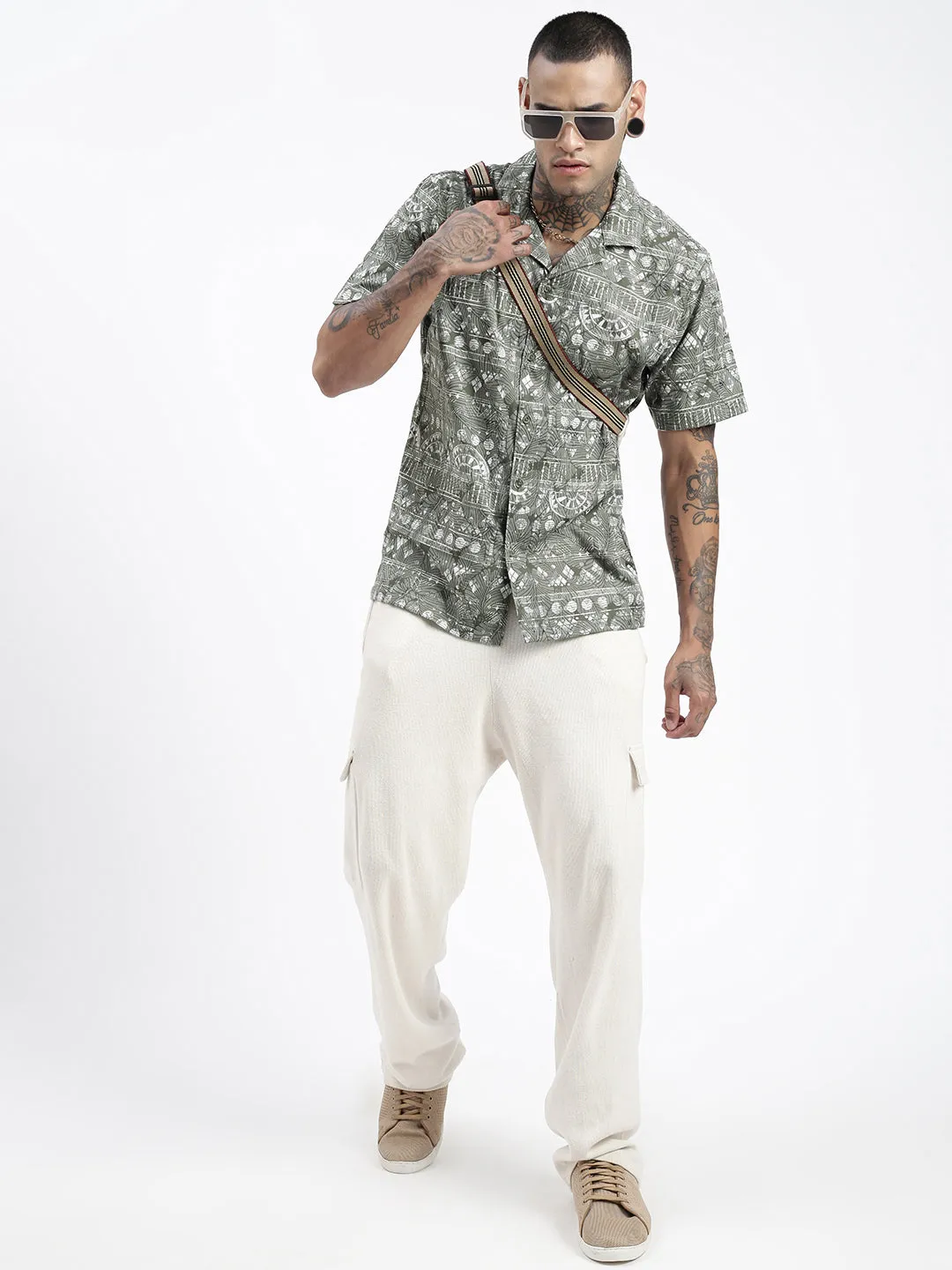 Men Geometric Green Relaxed Fit Shirt