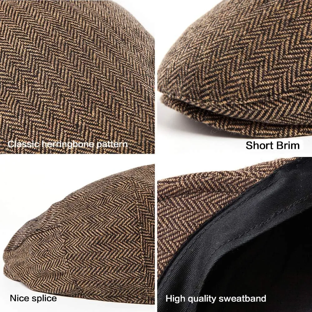 Men's Brown/Grey Checkered Classic Wool Blend Tweed Flat Cap