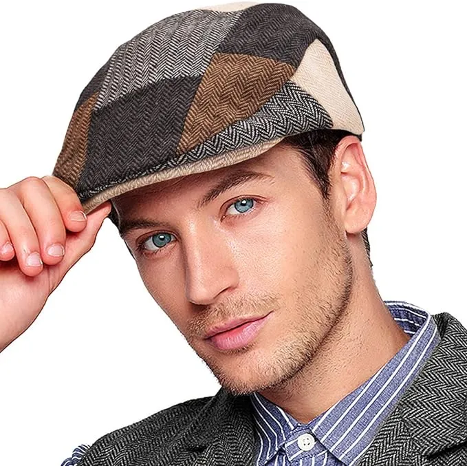 Men's Brown/Grey Checkered Classic Wool Blend Tweed Flat Cap