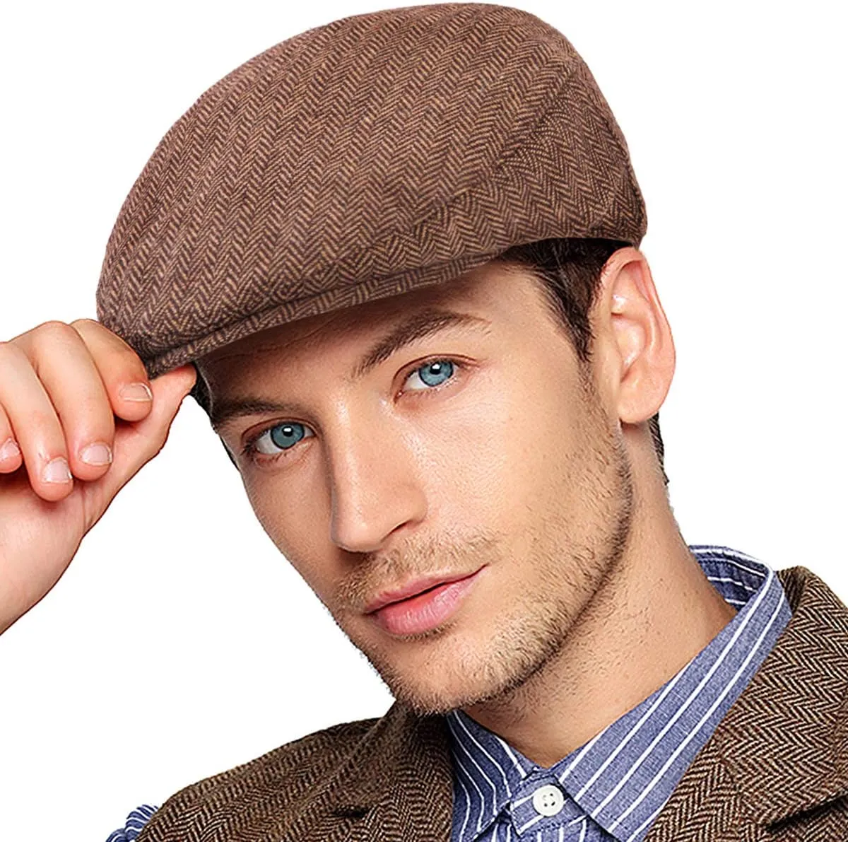 Men's Brown/Grey Checkered Classic Wool Blend Tweed Flat Cap