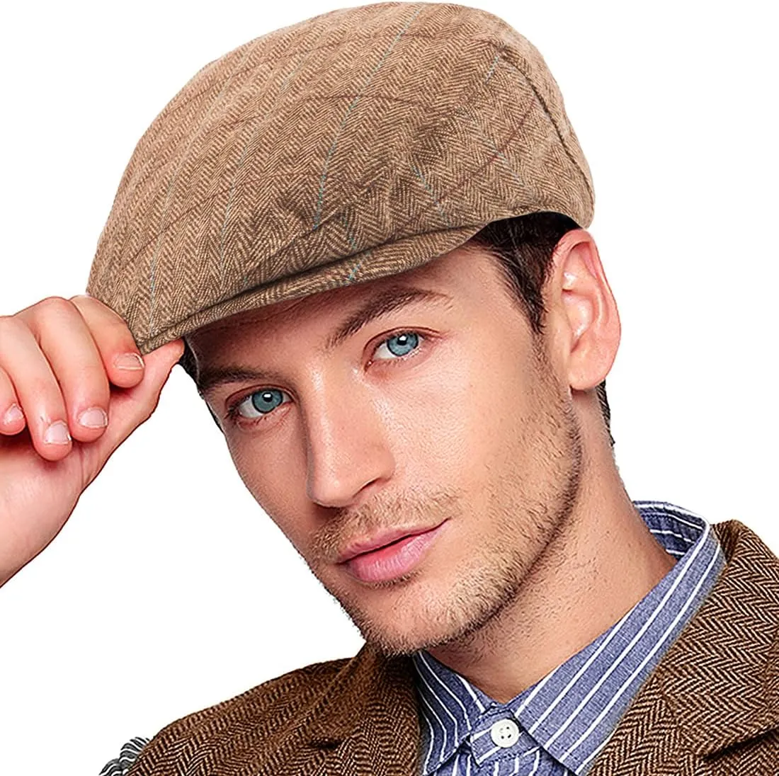Men's Brown/Grey Checkered Classic Wool Blend Tweed Flat Cap