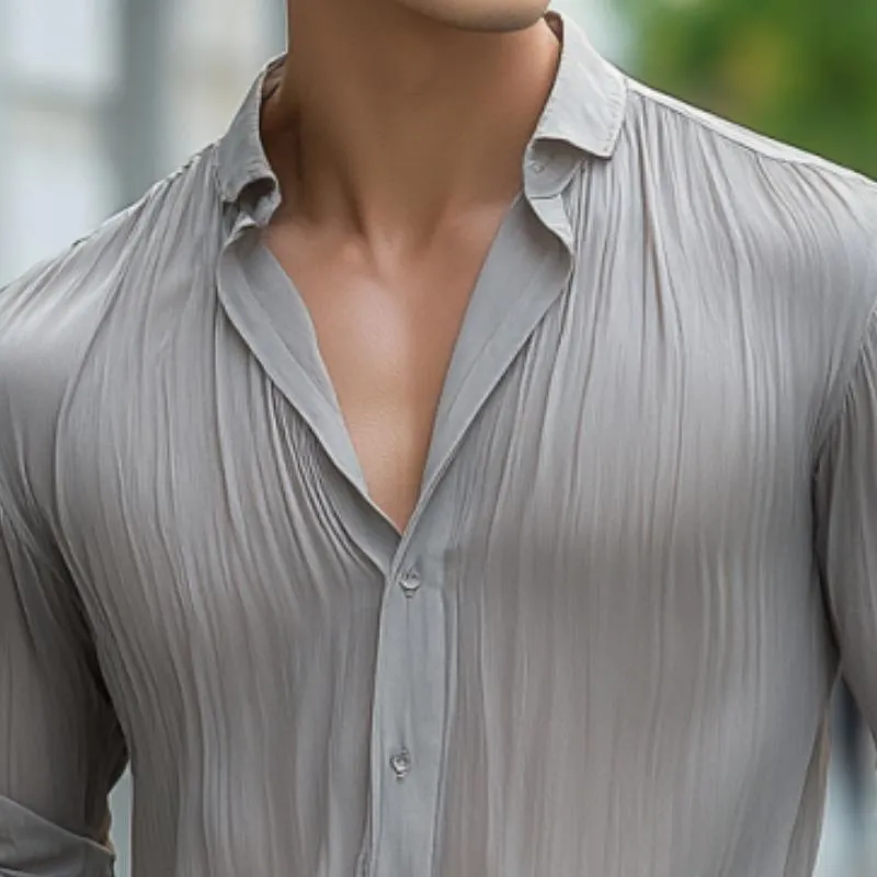 Men's Classic Casual Pleated Silk Chiffon Long Sleeve Shirt 47167111K