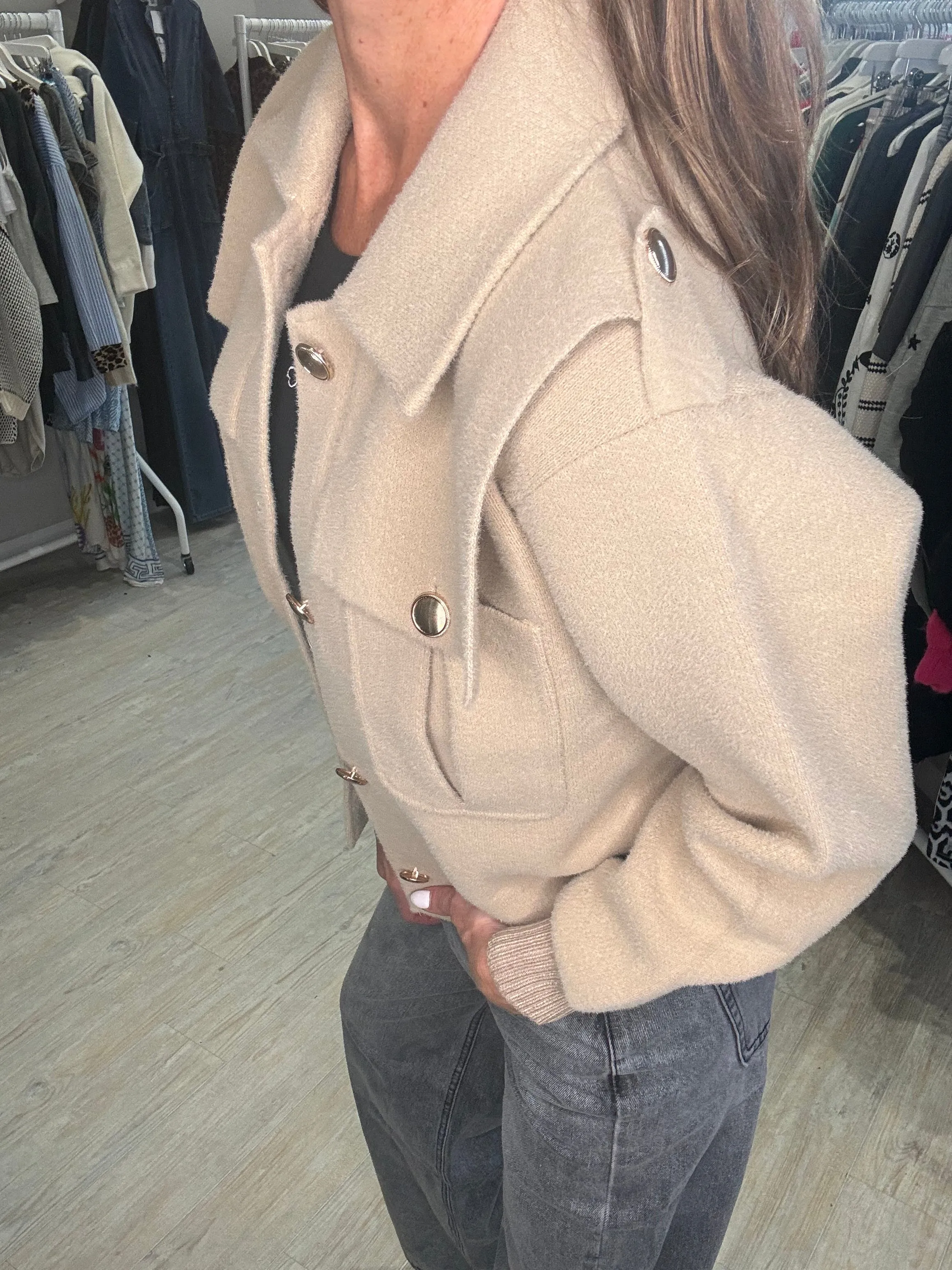 Mia Camel Knitted Jacket with Epaulettes