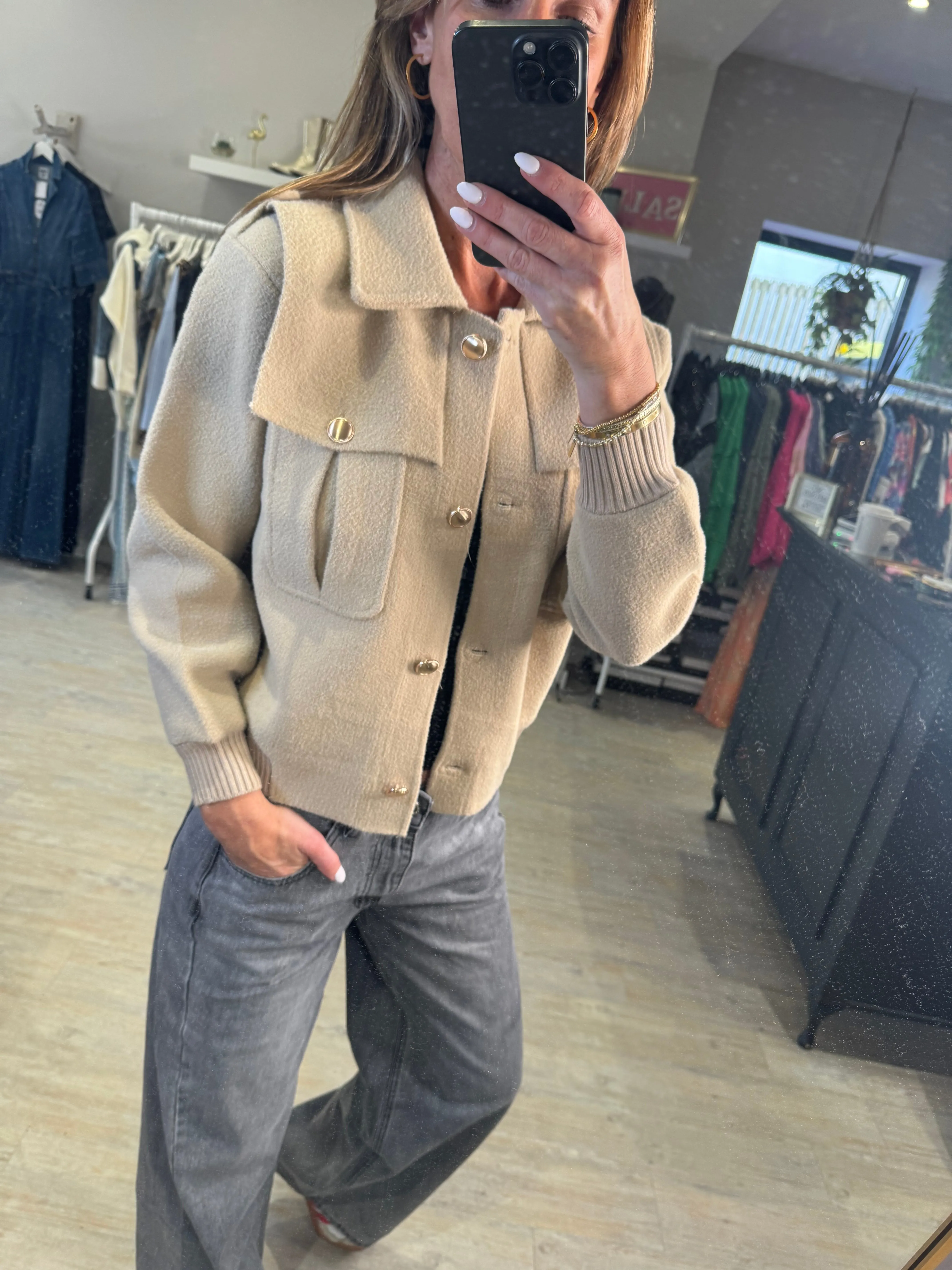 Mia Camel Knitted Jacket with Epaulettes