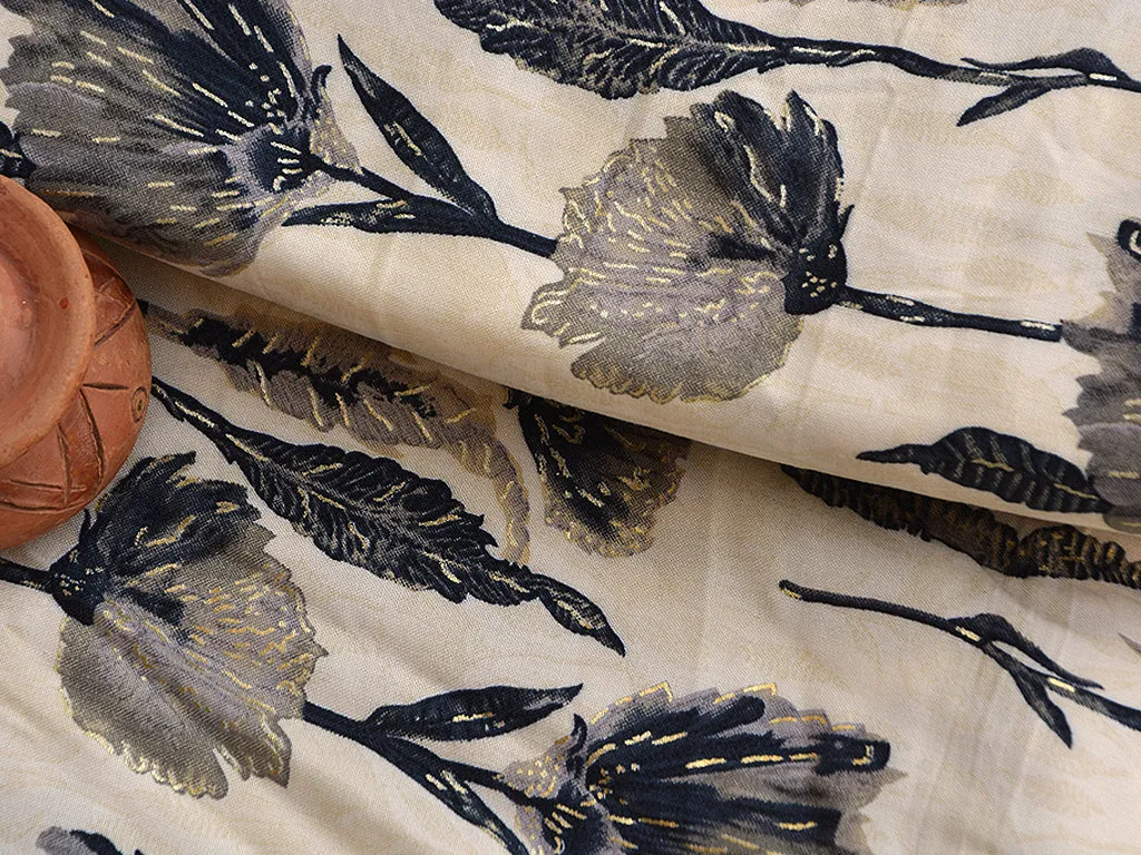 Off White & Black Floral Digital Print Cotton Rayon Fabric