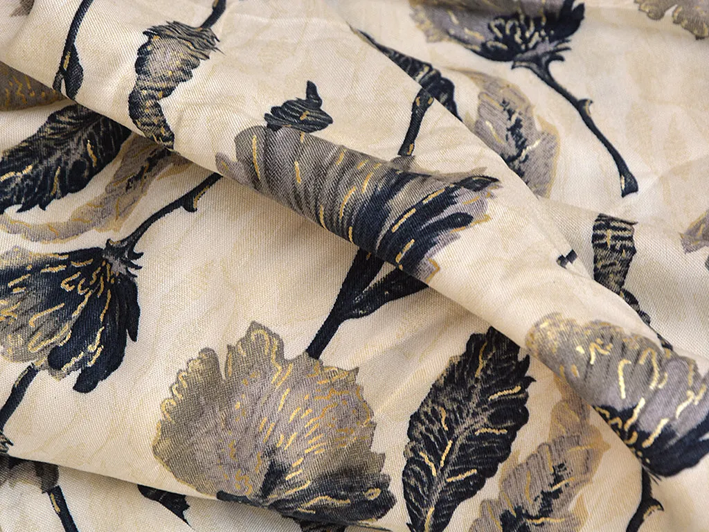Off White & Black Floral Digital Print Cotton Rayon Fabric