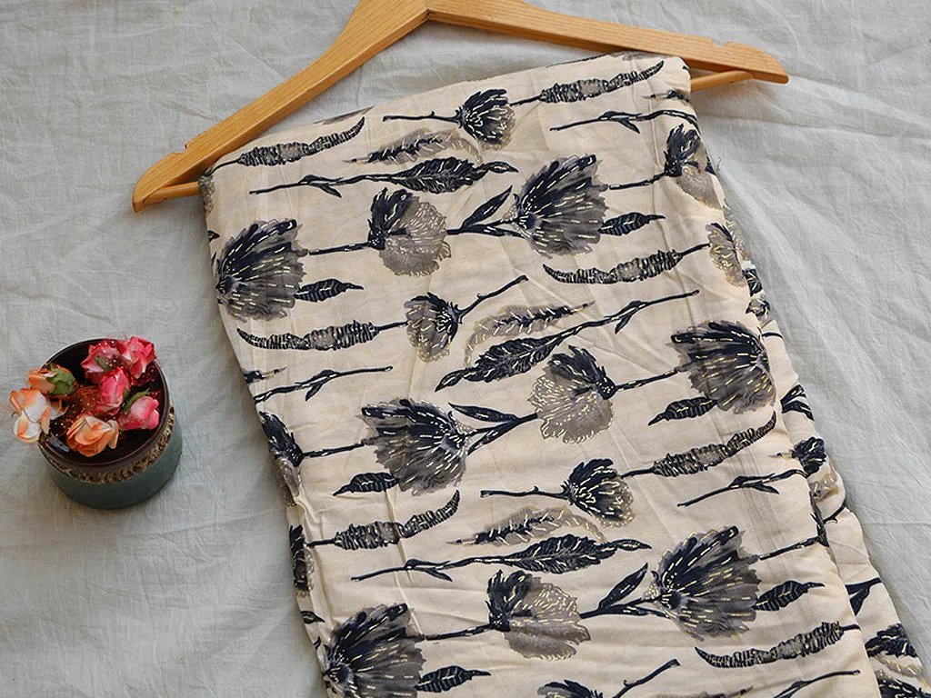 Off White & Black Floral Digital Print Cotton Rayon Fabric