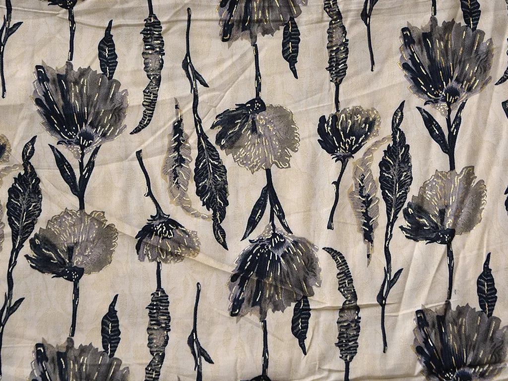 Off White & Black Floral Digital Print Cotton Rayon Fabric