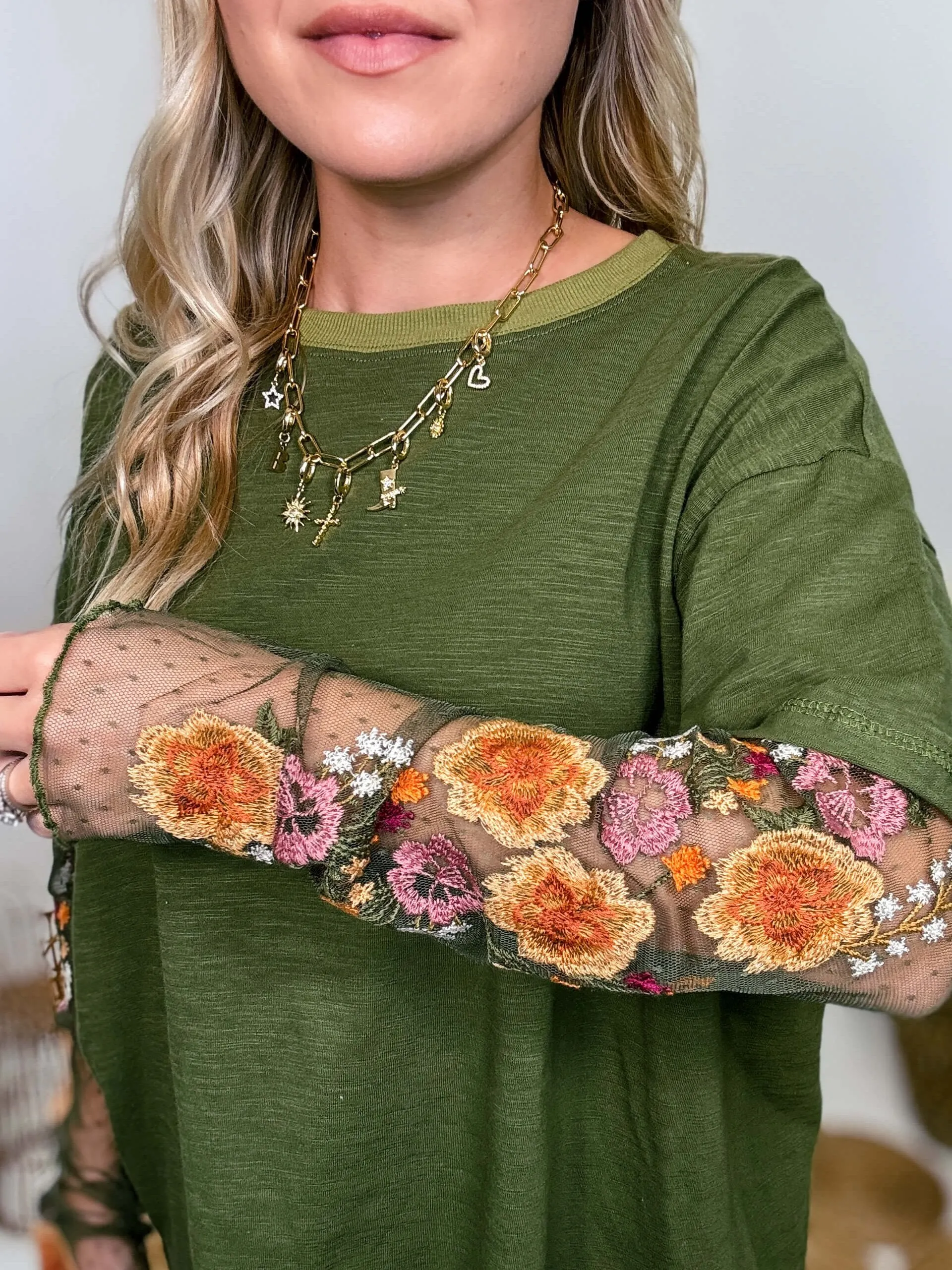 Oversized Olive Green Tee with Layered Sheer Embroidered Floral Lace Mesh Sleeves