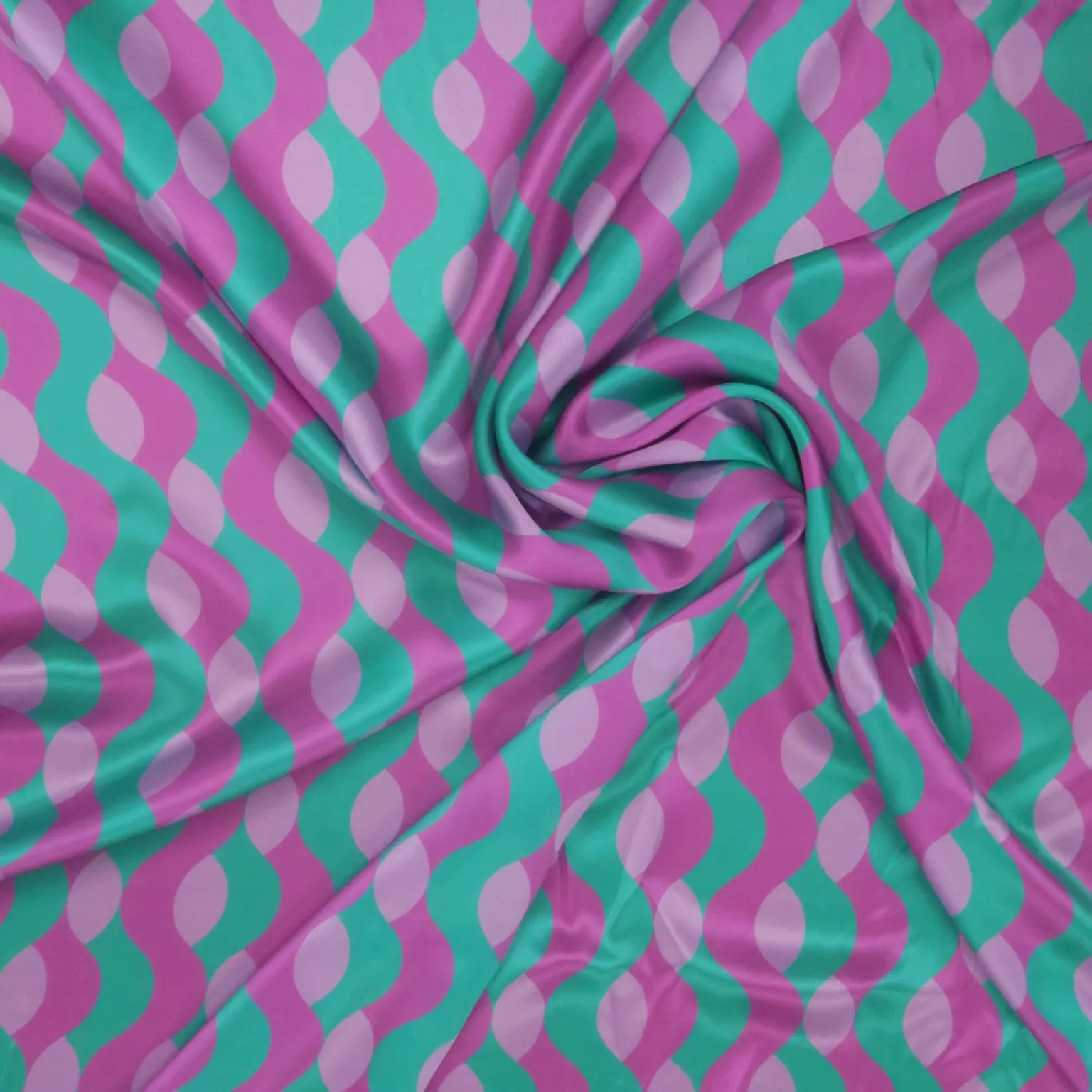 Pink and Green Abstract Waves Printed Silk Charmeuse Fabric