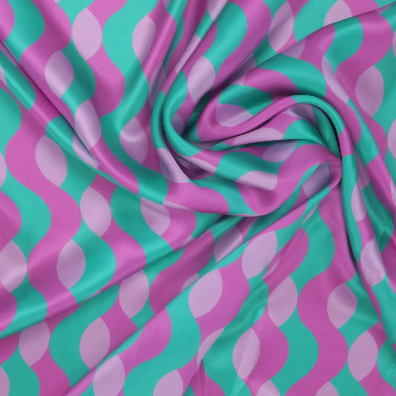 Pink and Green Abstract Waves Printed Silk Charmeuse Fabric