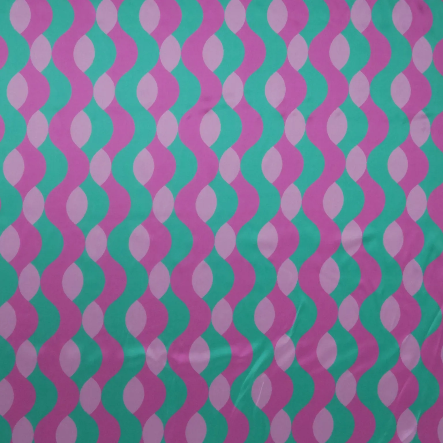Pink and Green Abstract Waves Printed Silk Charmeuse Fabric