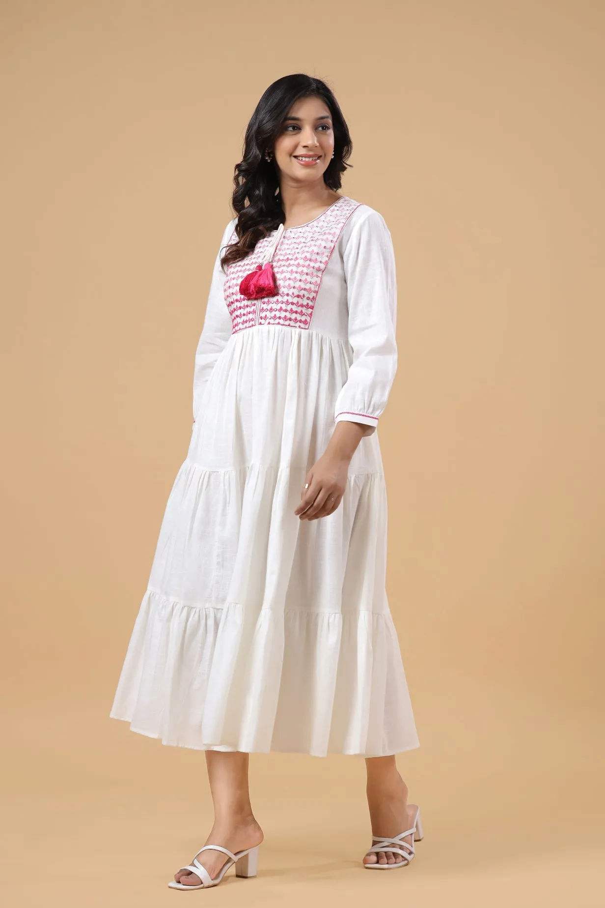 Pink Cotton Solid Printed Designer Tiered Dress