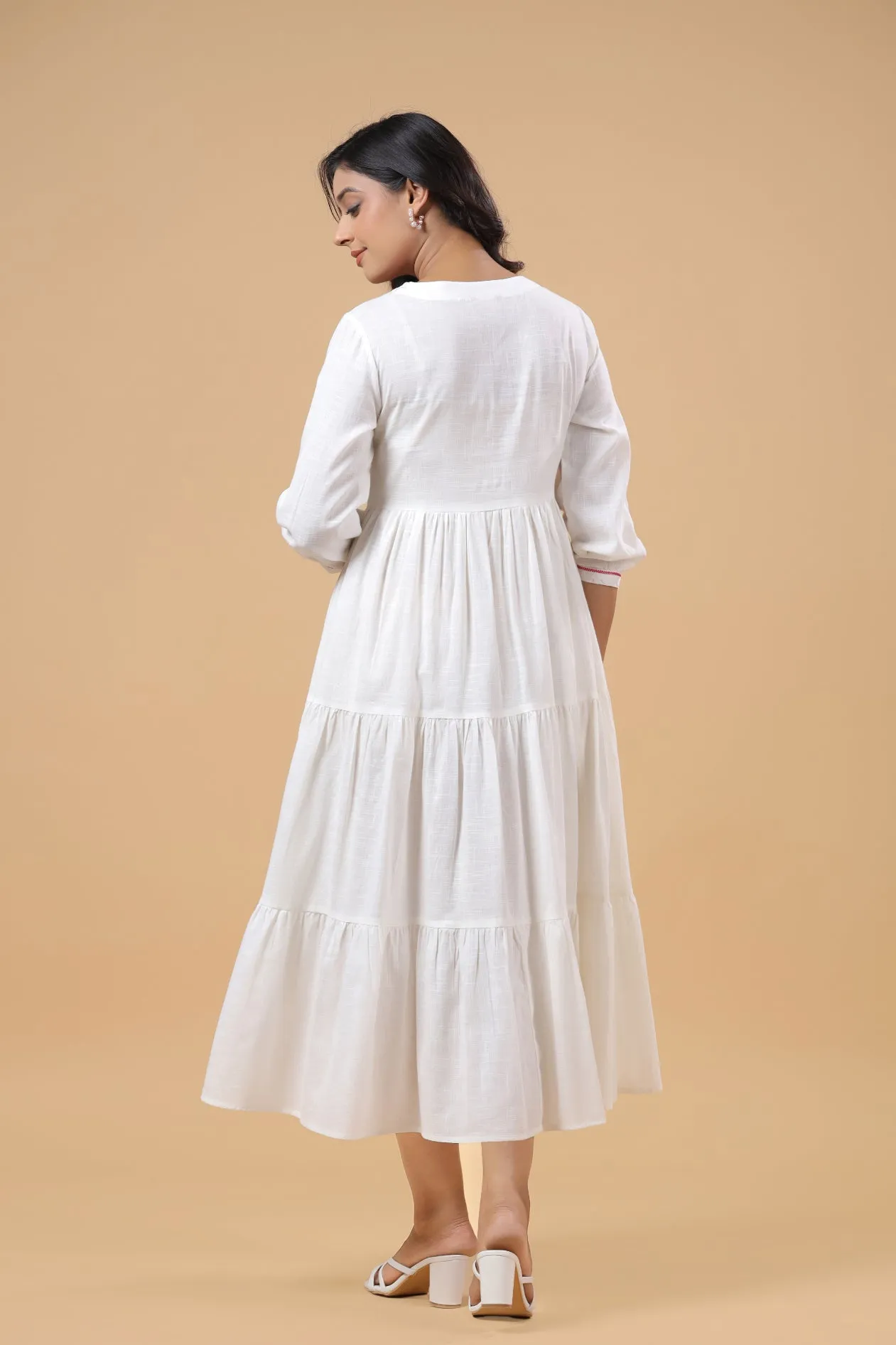 Pink Cotton Solid Printed Designer Tiered Dress