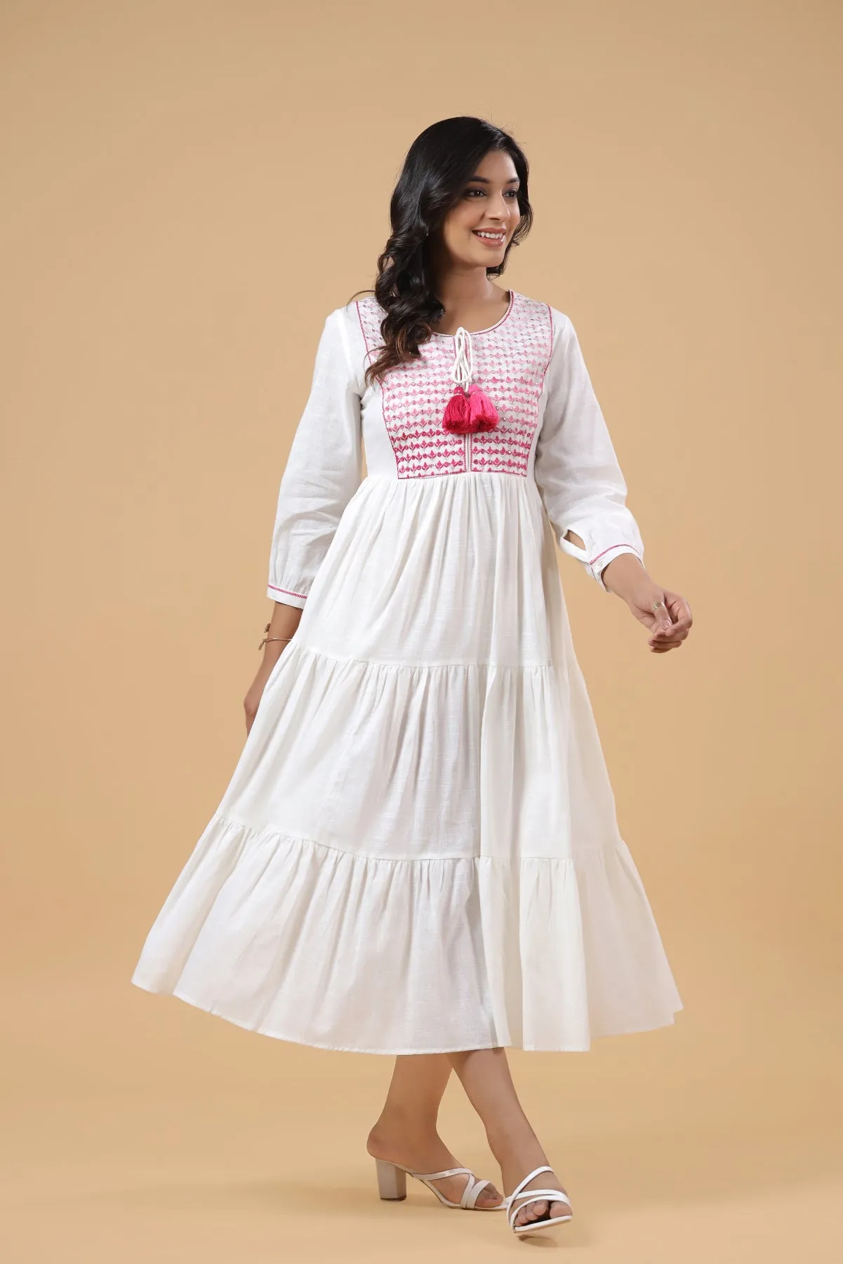 Pink Cotton Solid Printed Designer Tiered Dress