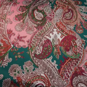 Pink Paisley on Teal Ground Printed Silk Charmeuse Fabric